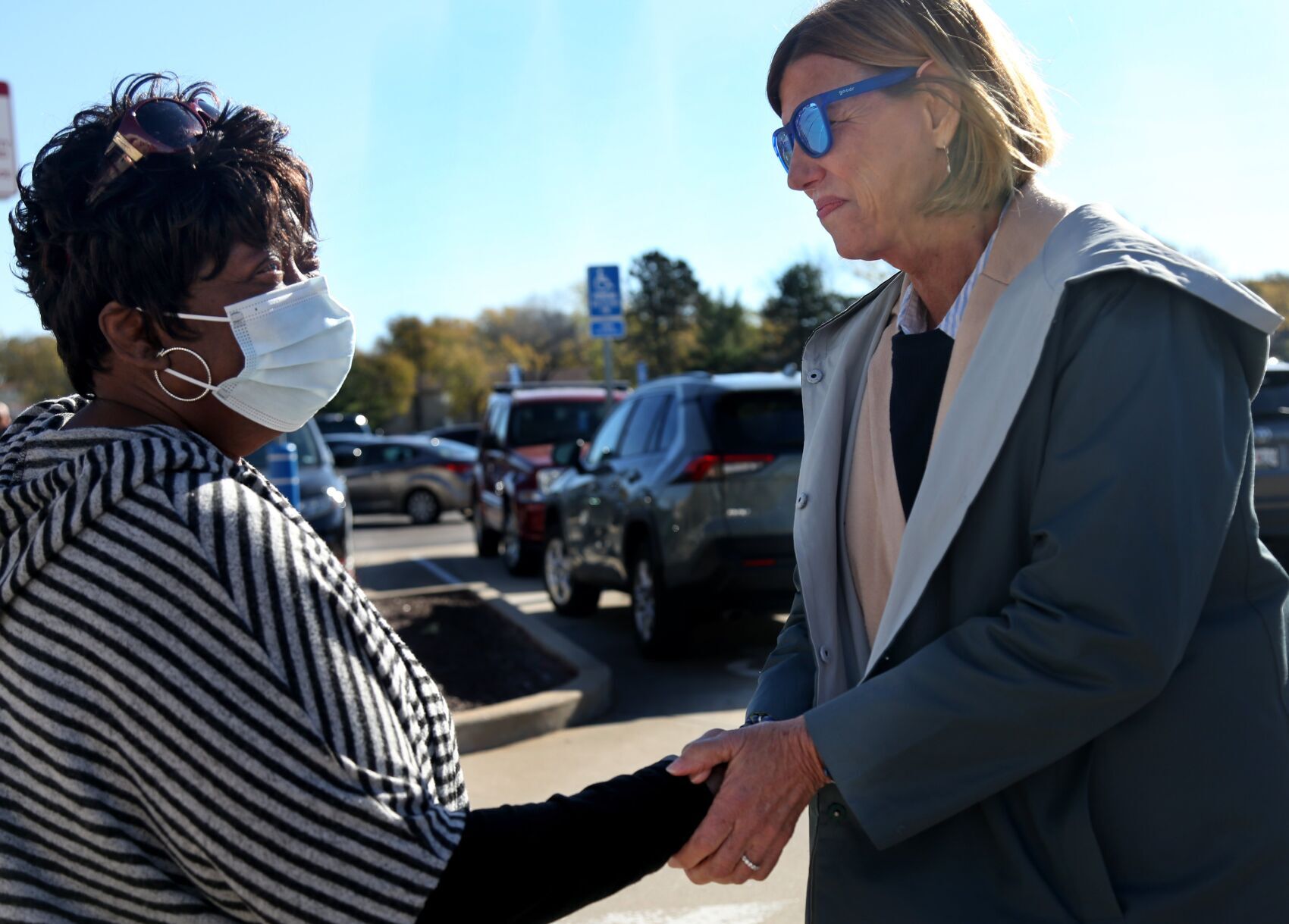 Democratic U.S. Senate candidate Trudy Busch Valentine campaigns outside early voting places